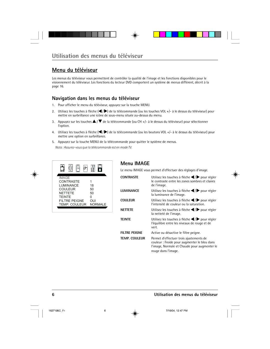 RCA 1627195C Utilisation des menus du téléviseur, Menu du tŽlŽviseur, Navigation dans les menus du tŽlŽviseur, Menu Image 