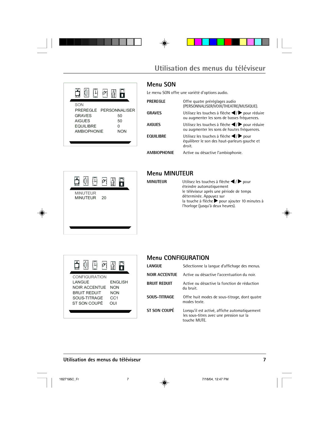 RCA 1627195C manual Menu SON, Menu Minuteur, Menu Configuration, Utilisation des menus du tŽlŽviseur 