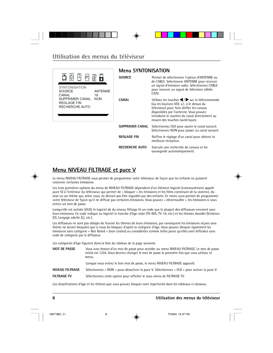 RCA 1627195C manual Menu Niveau Filtrage et puce, Menu Syntonisation 