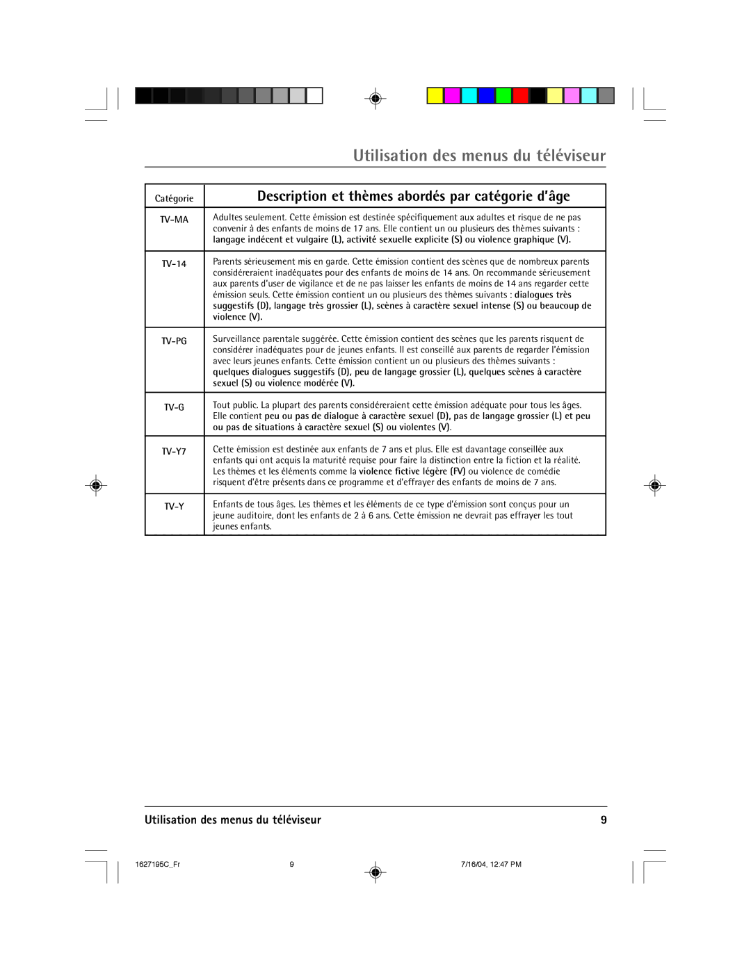 RCA 1627195C manual Sexuel S ou violence modérée, Ou pas de situations à caractère sexuel S ou violentes 