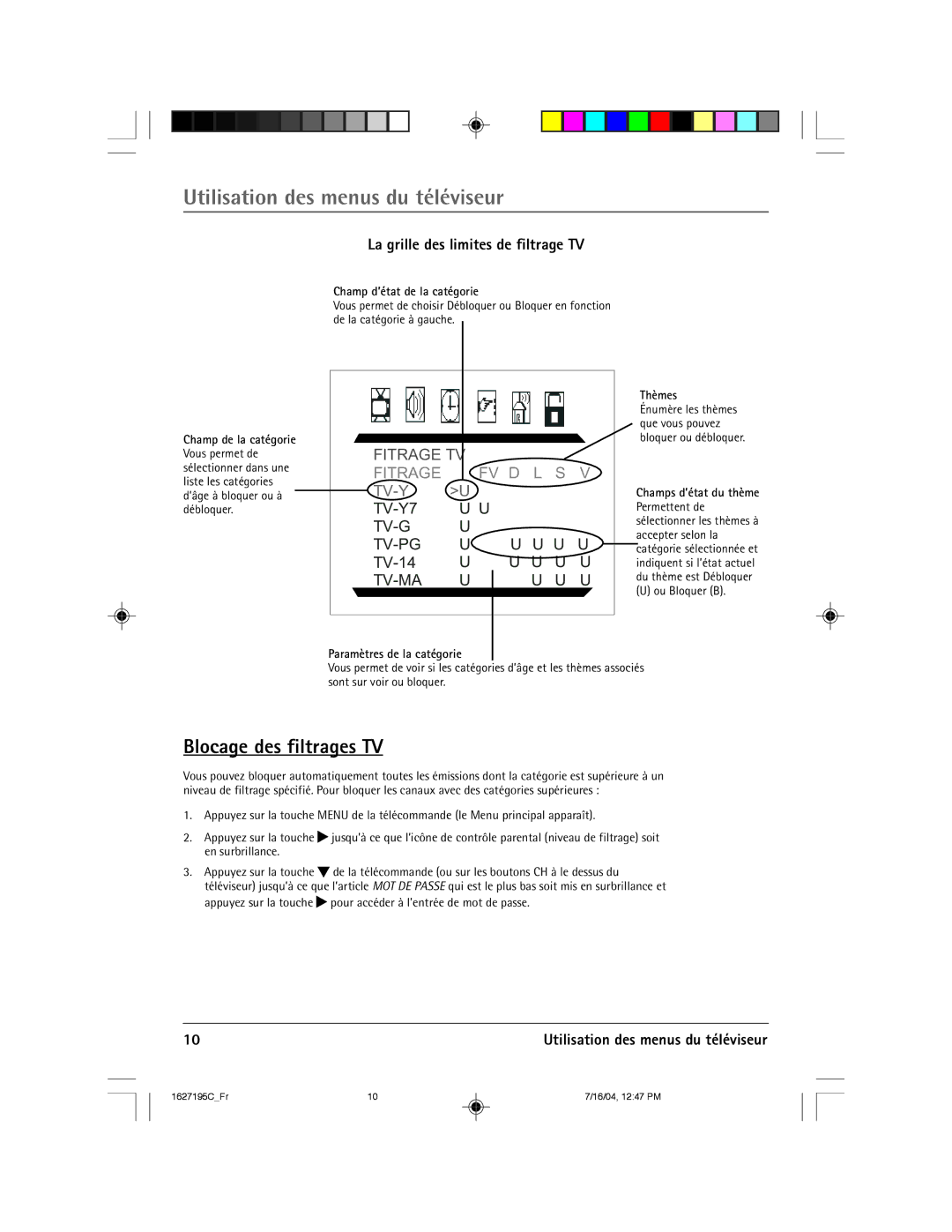 RCA 1627195C manual Blocage des filtrages TV, La grille des limites de filtrage TV, Champ dÕŽtat de la catŽgorie, Thmes 