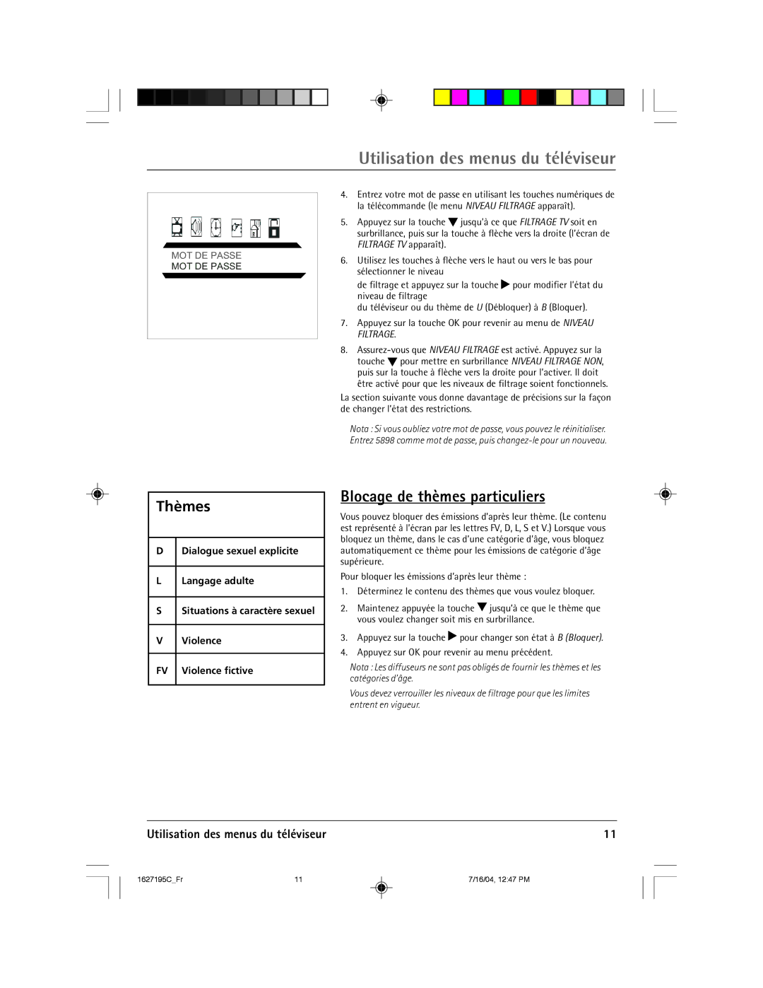 RCA 1627195C manual Blocage de thmes particuliers, Thèmes 