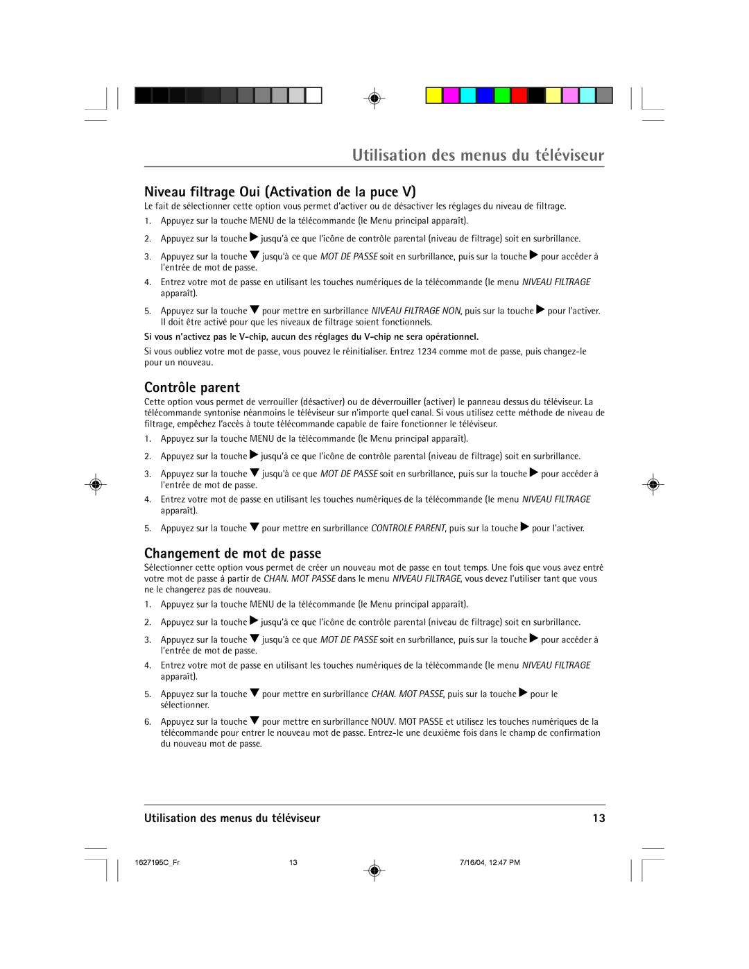 RCA 1627195C manual Niveau filtrage Oui Activation de la puce, Contrle parent, Changement de mot de passe 