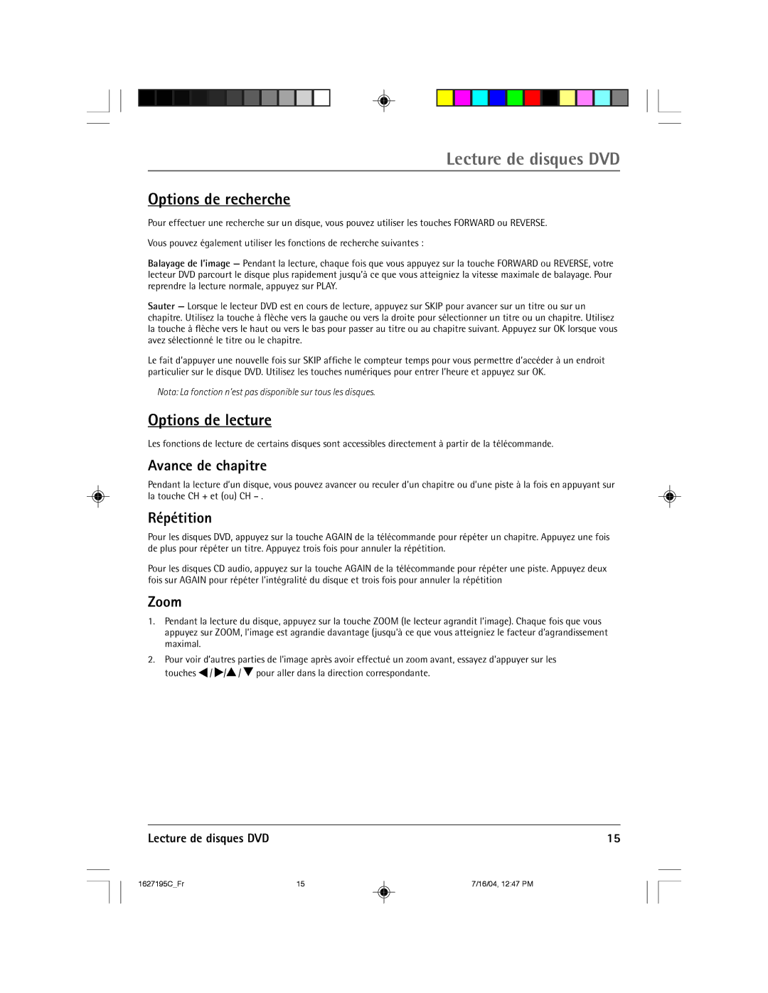 RCA 1627195C manual Options de recherche, Options de lecture, Avance de chapitre, RŽpŽtition, Lecture de disques DVD 