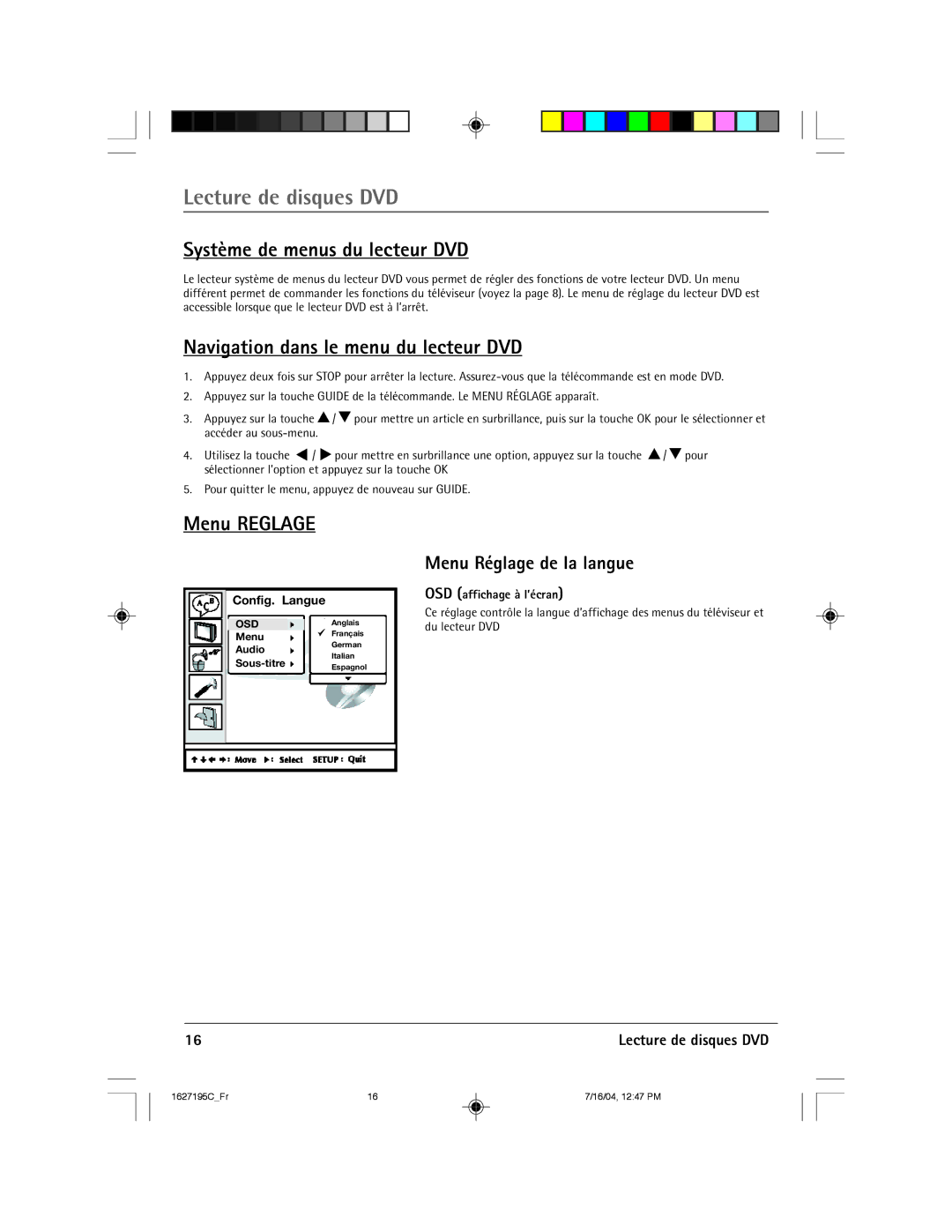 RCA 1627195C manual Systme de menus du lecteur DVD, Navigation dans le menu du lecteur DVD, Menu Reglage 