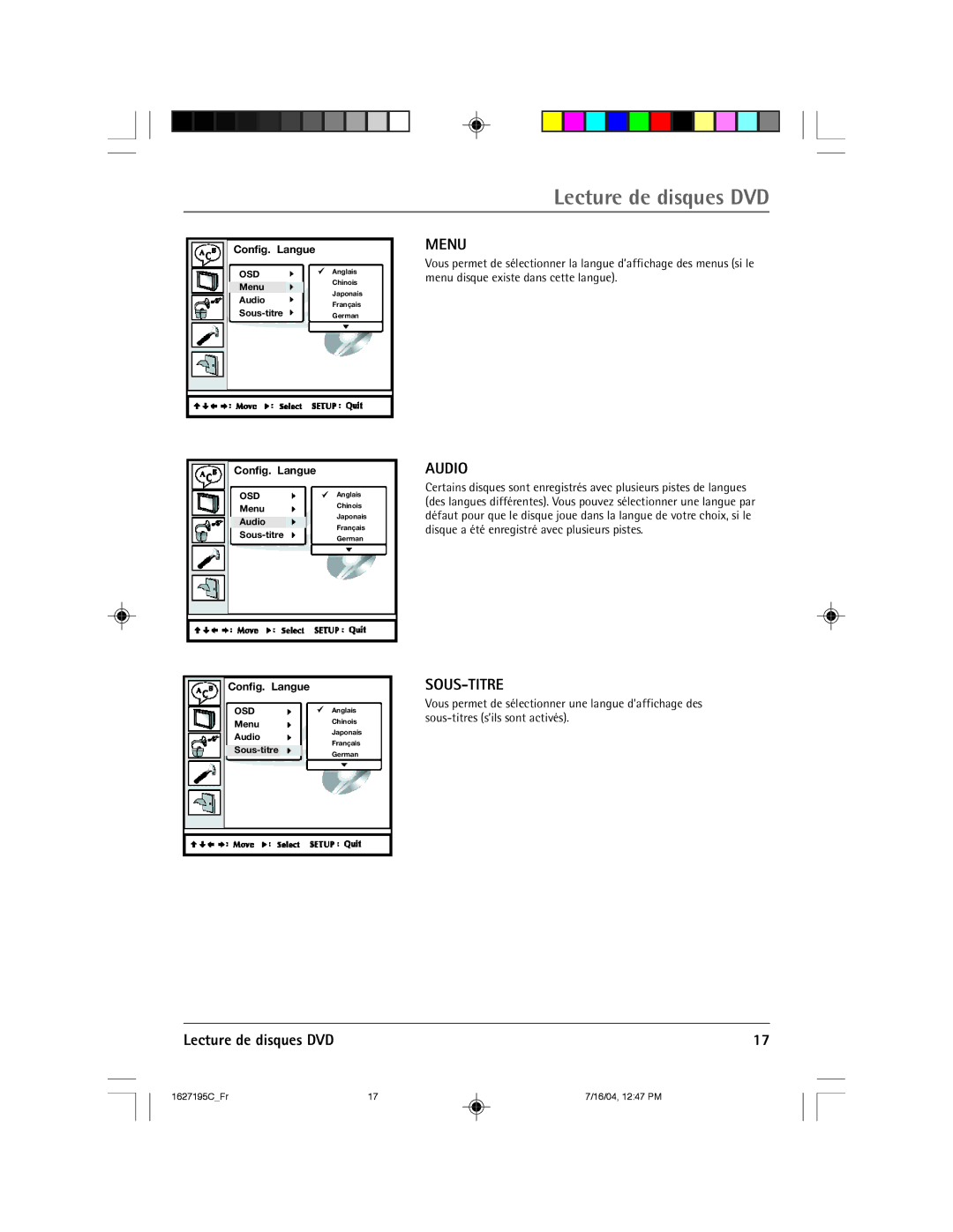 RCA 1627195C manual Menu 