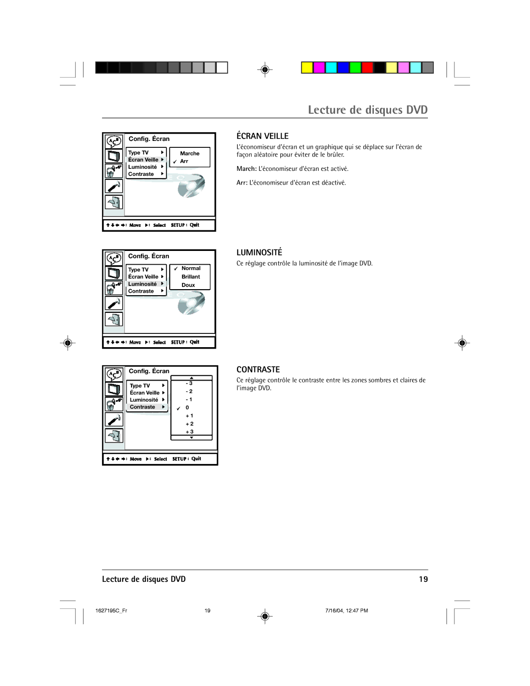 RCA 1627195C manual ƑCRAN Veille, LUMINOSITƒ 