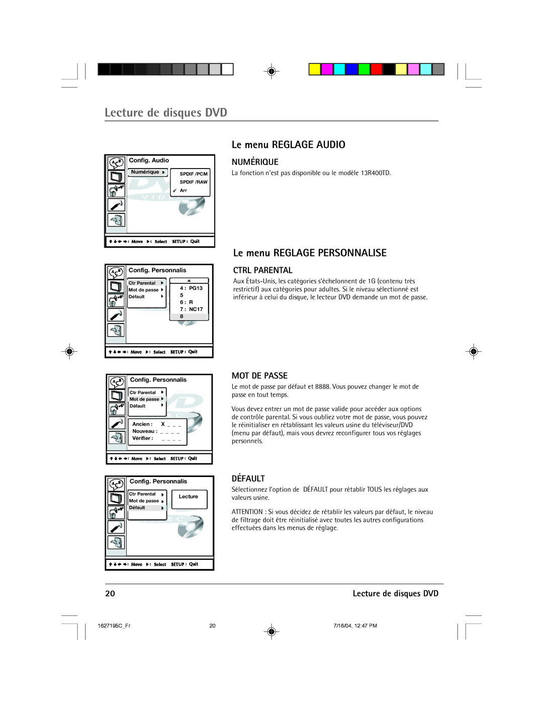 RCA 1627195C manual Le menu Reglage Audio, Le menu Reglage Personnalise, NUMƒRIQUE, DƒFAULT 