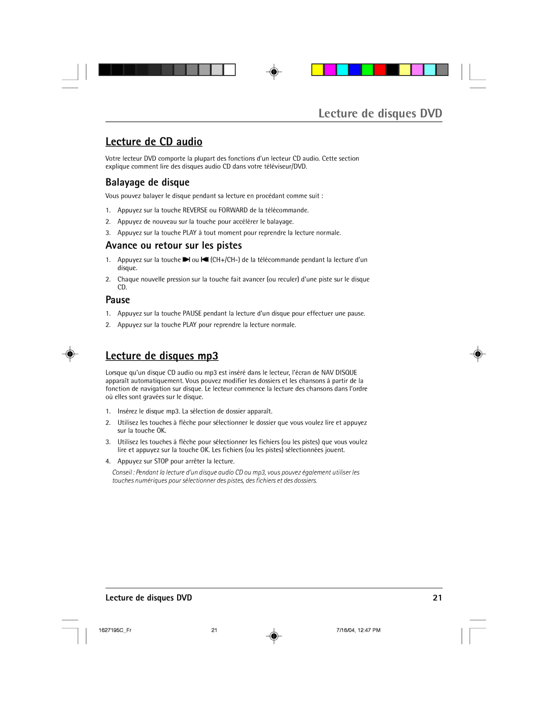 RCA 1627195C manual Lecture de CD audio, Lecture de disques mp3, Balayage de disque, Avance ou retour sur les pistes 