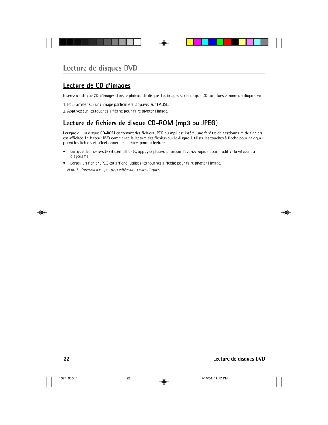 RCA 1627195C manual Lecture de CD dÕimages, Lecture de fichiers de disque CD-ROM mp3 ou Jpeg 