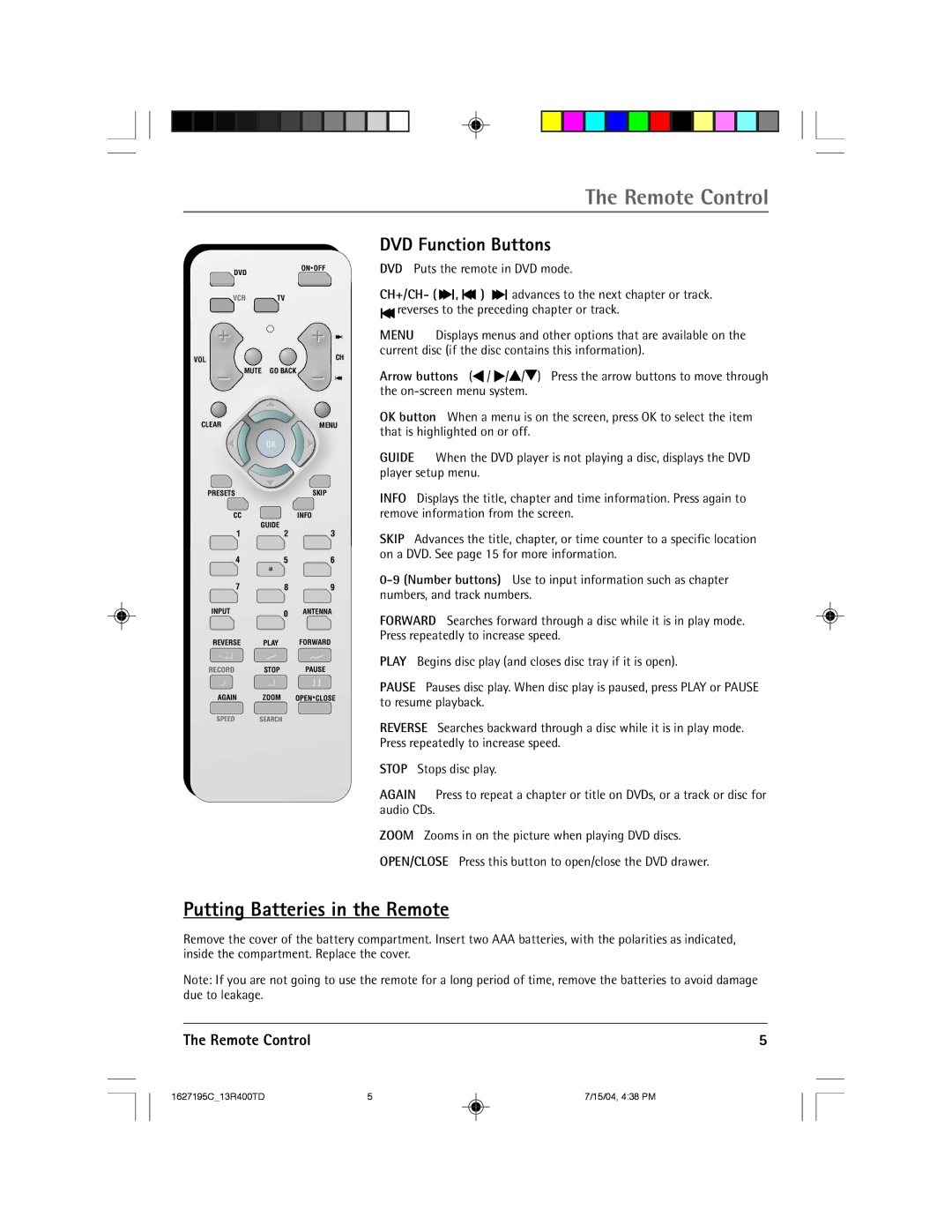RCA 1627195C manual Putting Batteries in the Remote, DVD Function Buttons, Remote Control 
