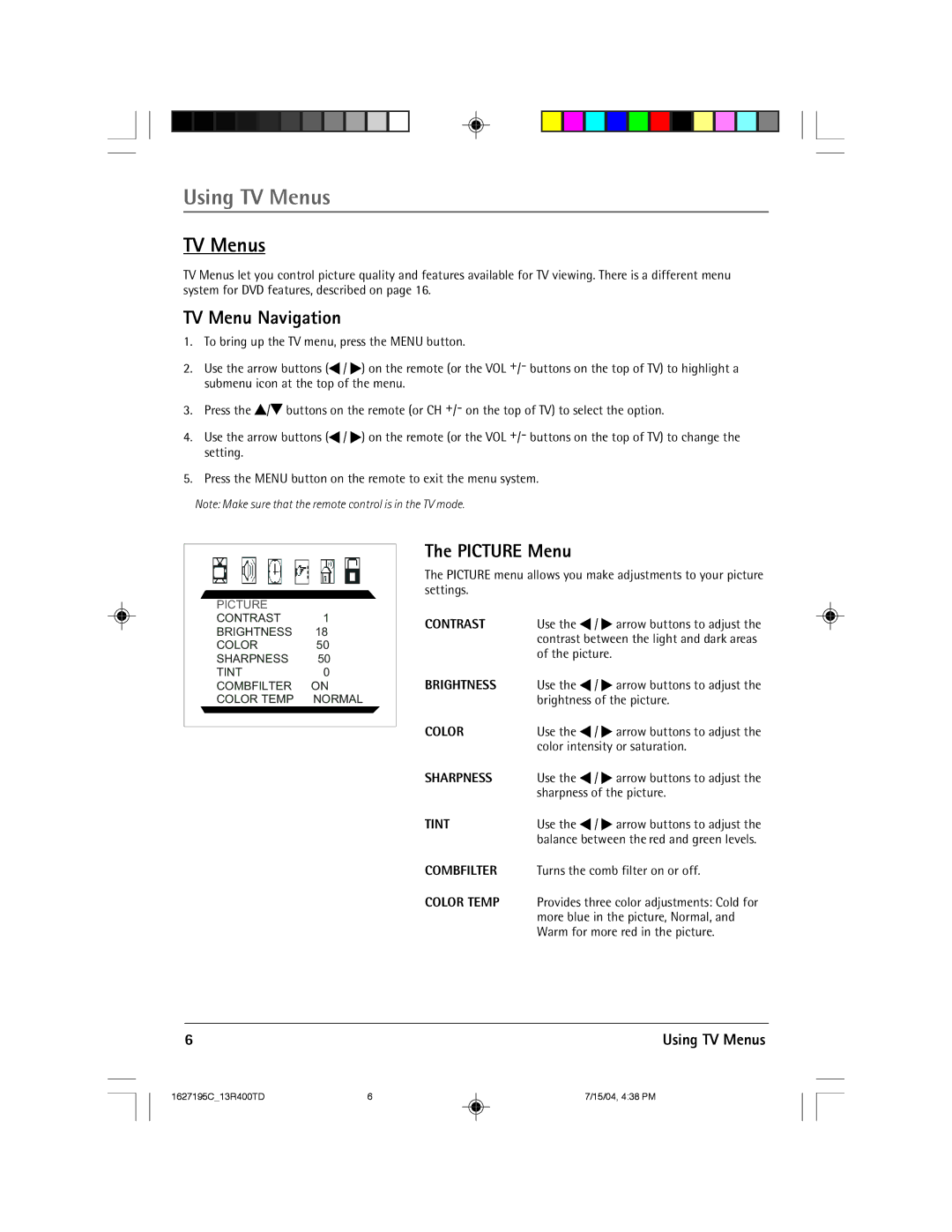 RCA 1627195C manual Using TV Menus, TV Menu Navigation, Picture Menu 