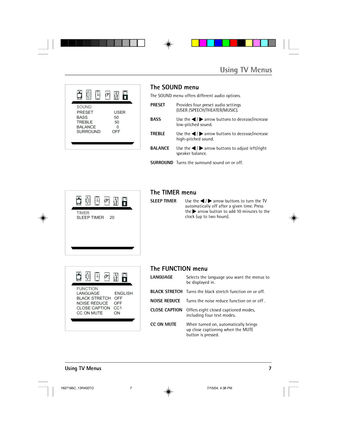 RCA 1627195C manual Sound menu, Timer menu, Function menu, Using TV Menus 