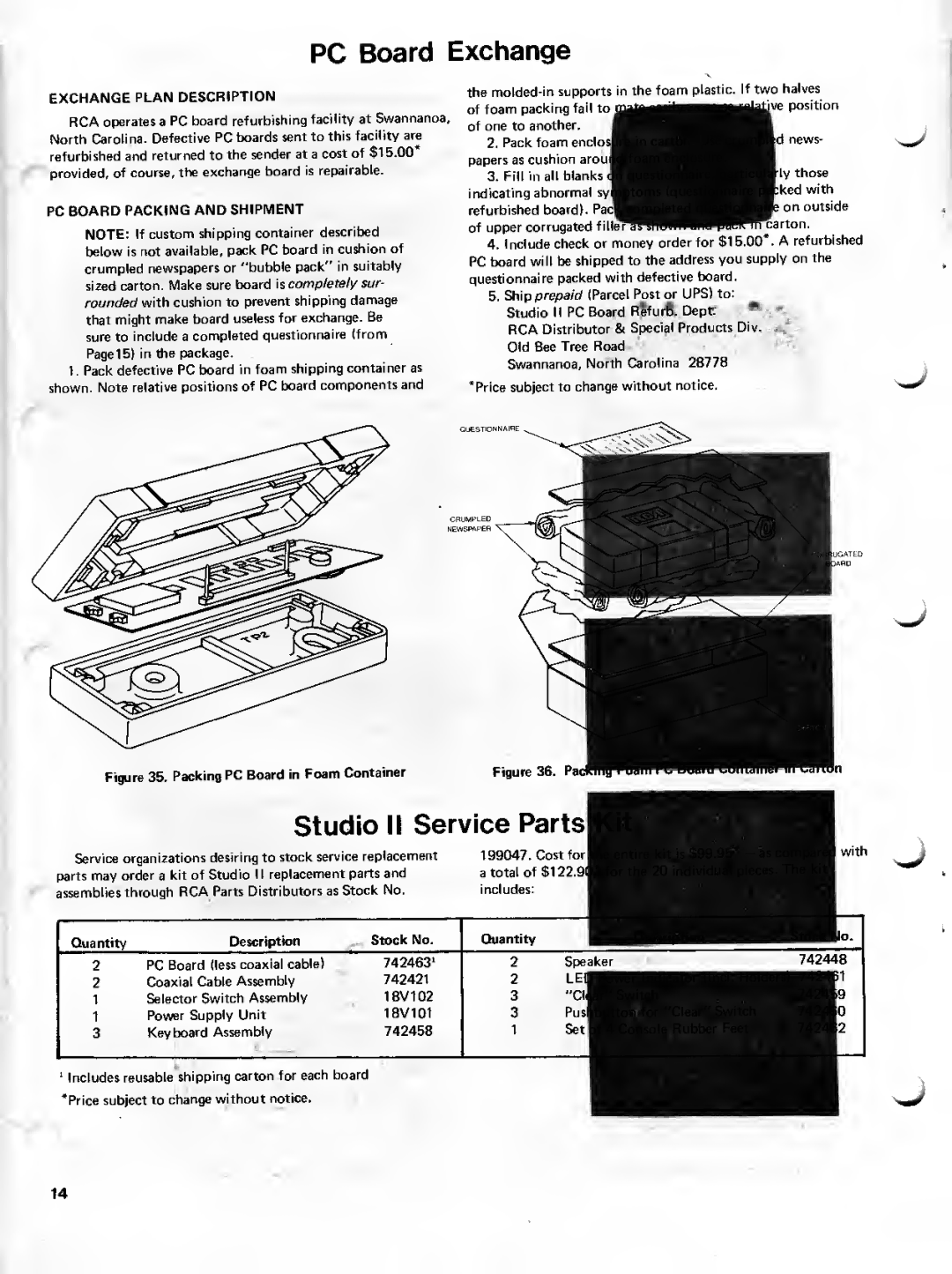 RCA 18V100 service manual Exchange Plan Description, PC Board Packing and Shipment 