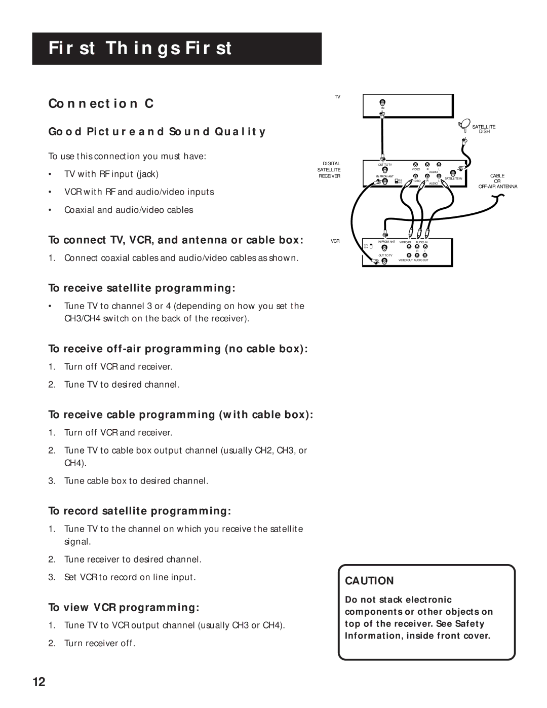 RCA 1998 manual Connection C, Good Picture and Sound Quality, To connect TV, VCR, and antenna or cable box 