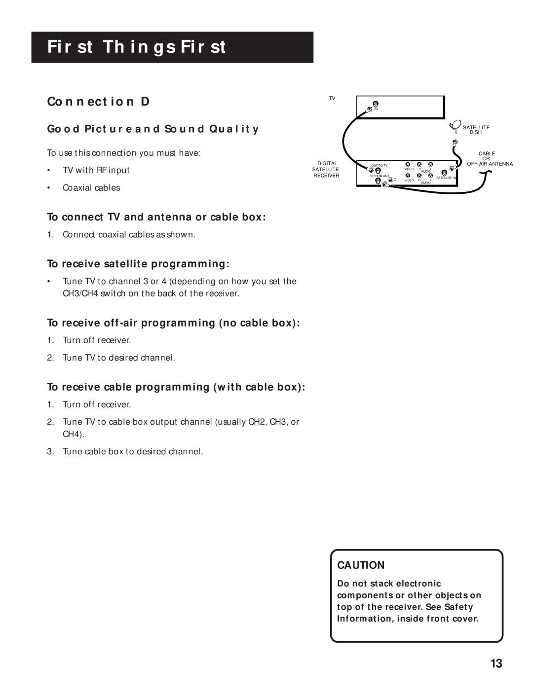 RCA 1998 manual Connection D, To connect TV and antenna or cable box 