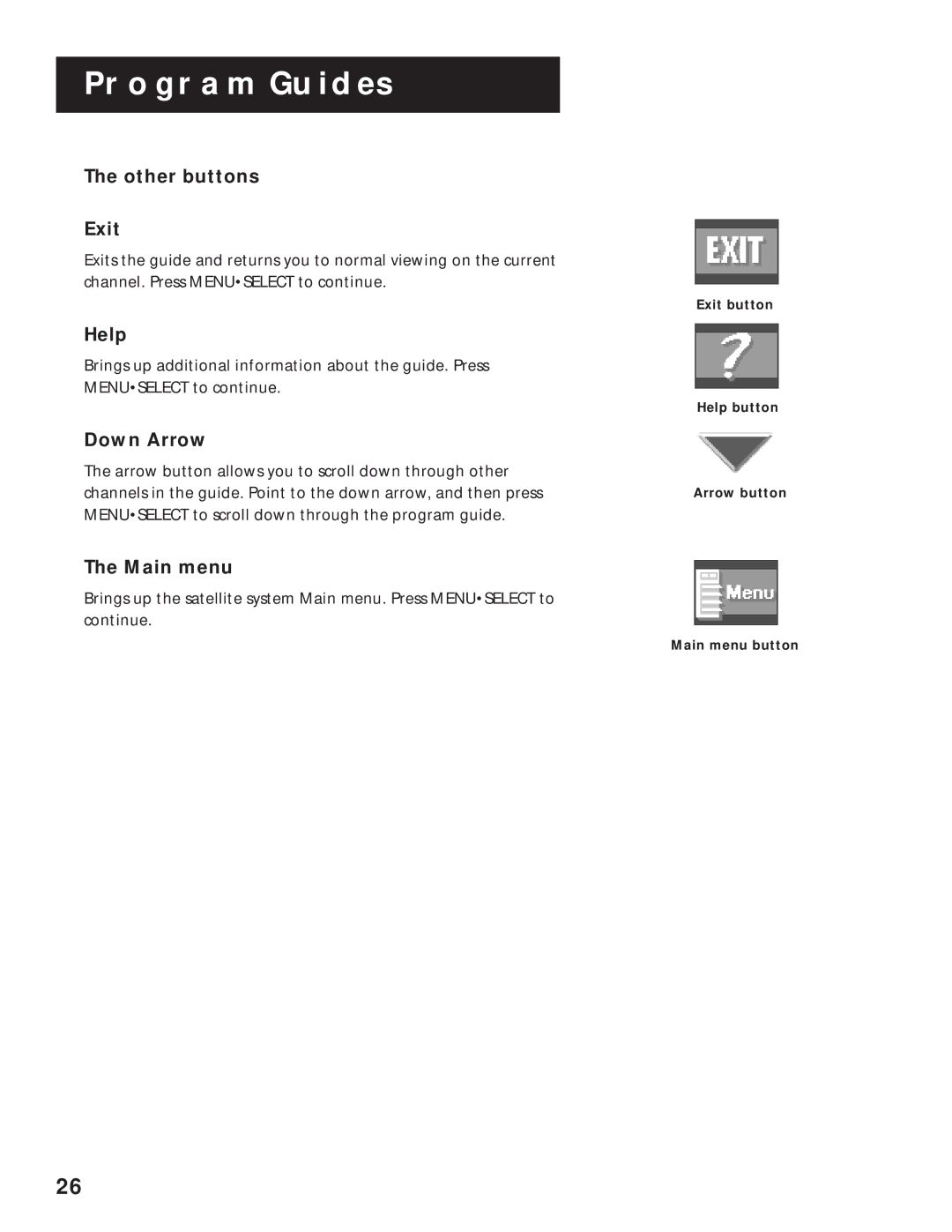 RCA 1998 manual Other buttons Exit, Help, Down Arrow, Main menu 