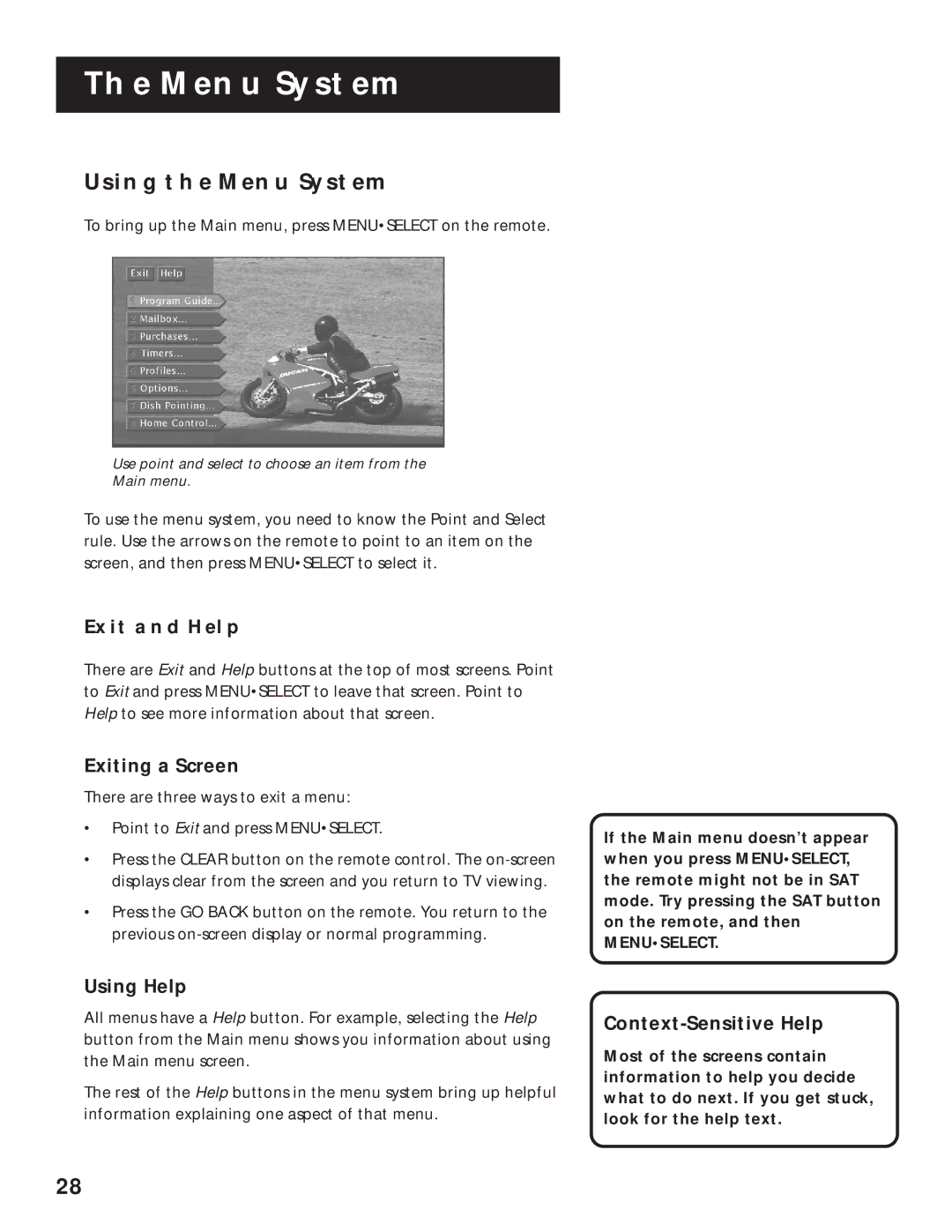 RCA 1998 manual Using the Menu System, Exit and Help, Exiting a Screen, Using Help, Context-Sensitive Help 