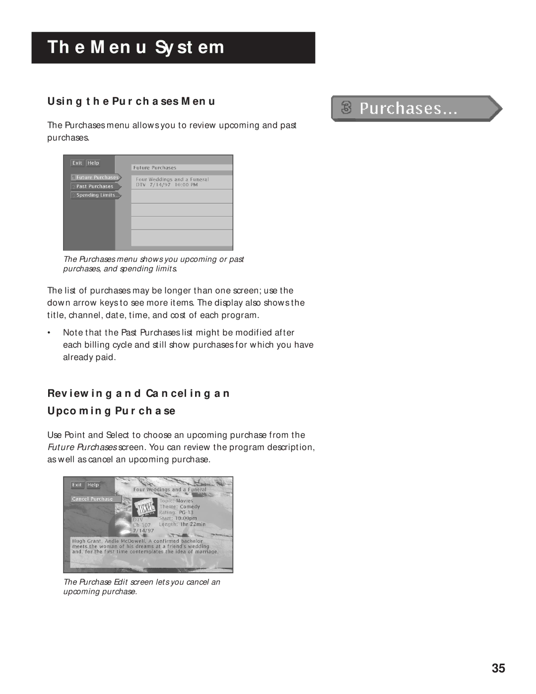 RCA 1998 manual Using the Purchases Menu, Reviewing and Canceling AN Upcoming Purchase 