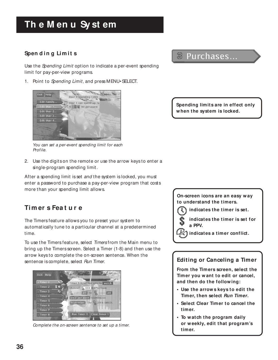 RCA 1998 manual Timers Feature, Spending Limits, Editing or Canceling a Timer 