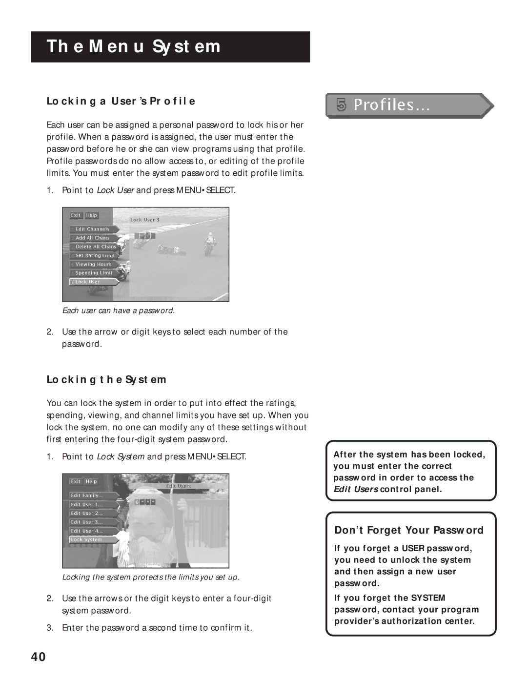 RCA 1998 manual Locking a USER’S Profile, Locking the System, Don’t Forget Your Password 