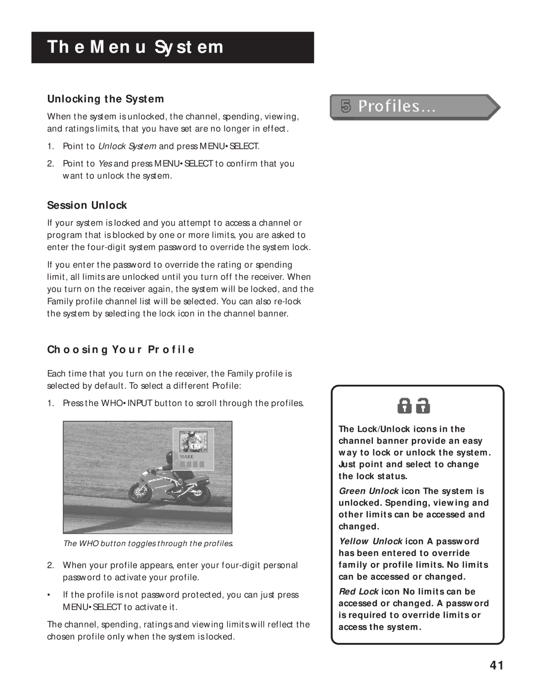 RCA 1998 manual Unlocking the System, Session Unlock, Choosing Your Profile 