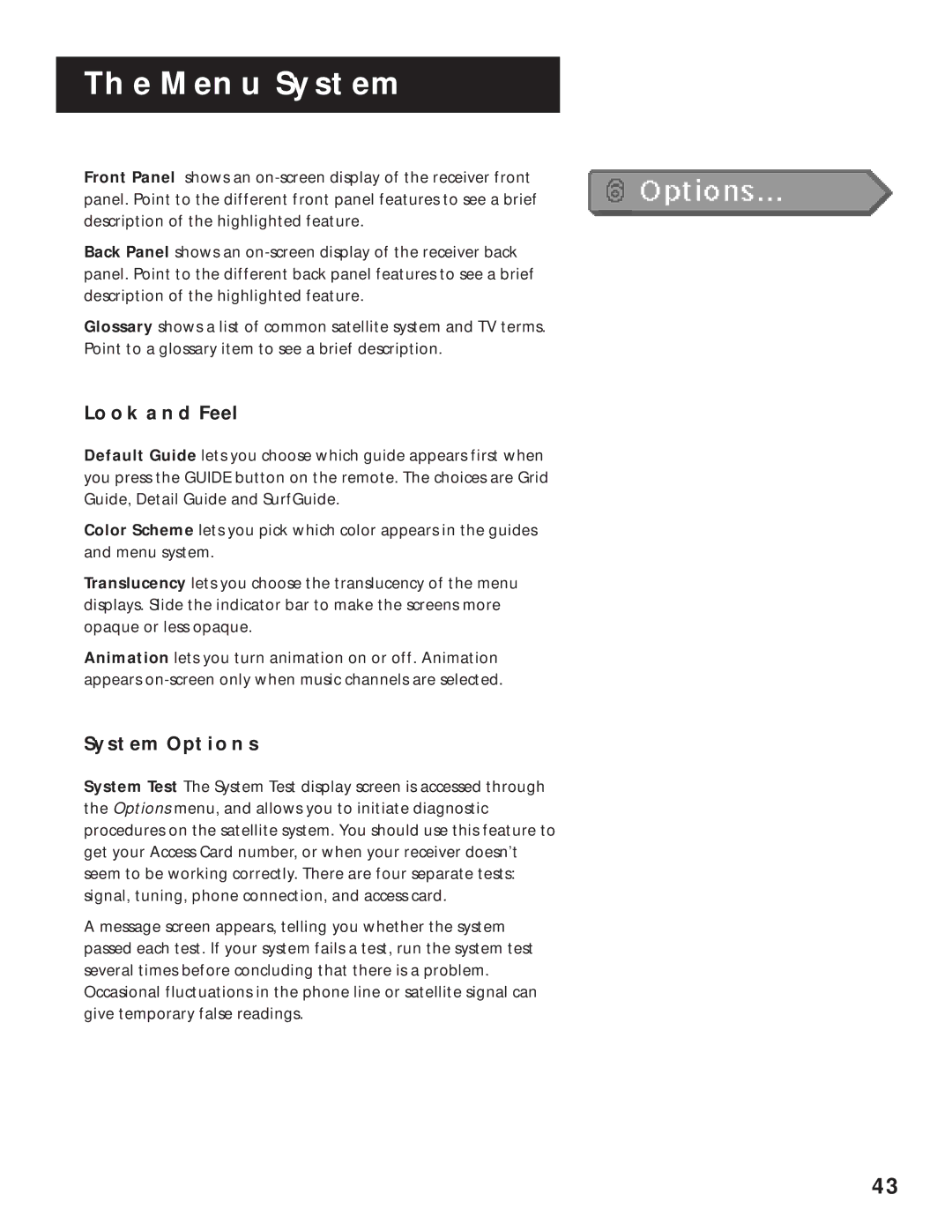 RCA 1998 manual Look and Feel, System Options 