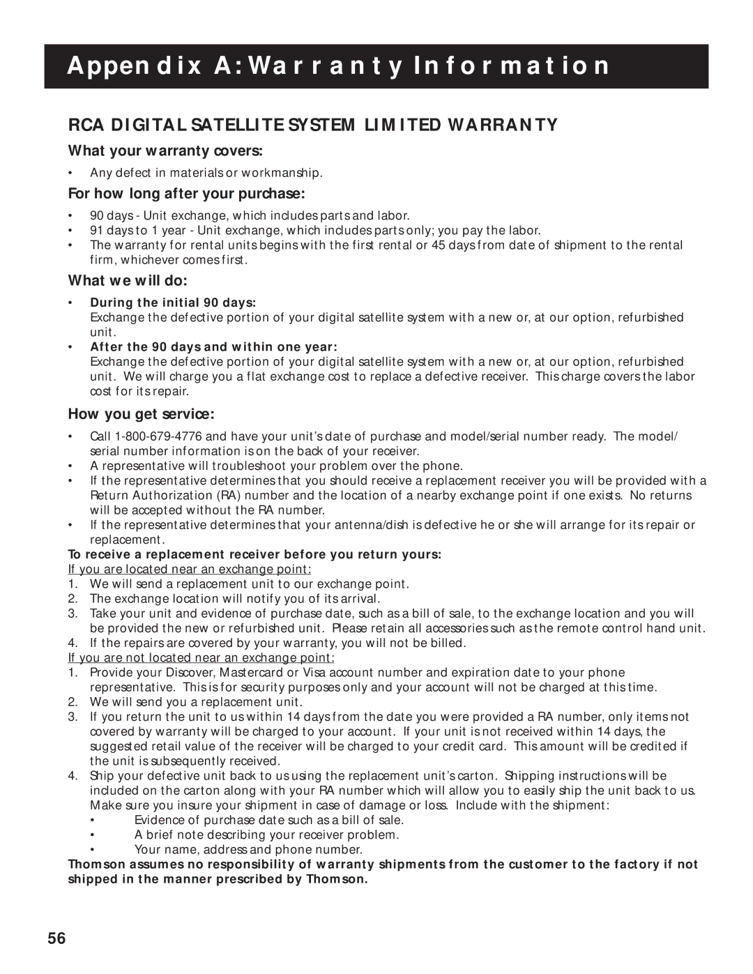 RCA 1998 manual RCA Digital Satellite System Limited Warranty, What your warranty covers, For how long after your purchase 