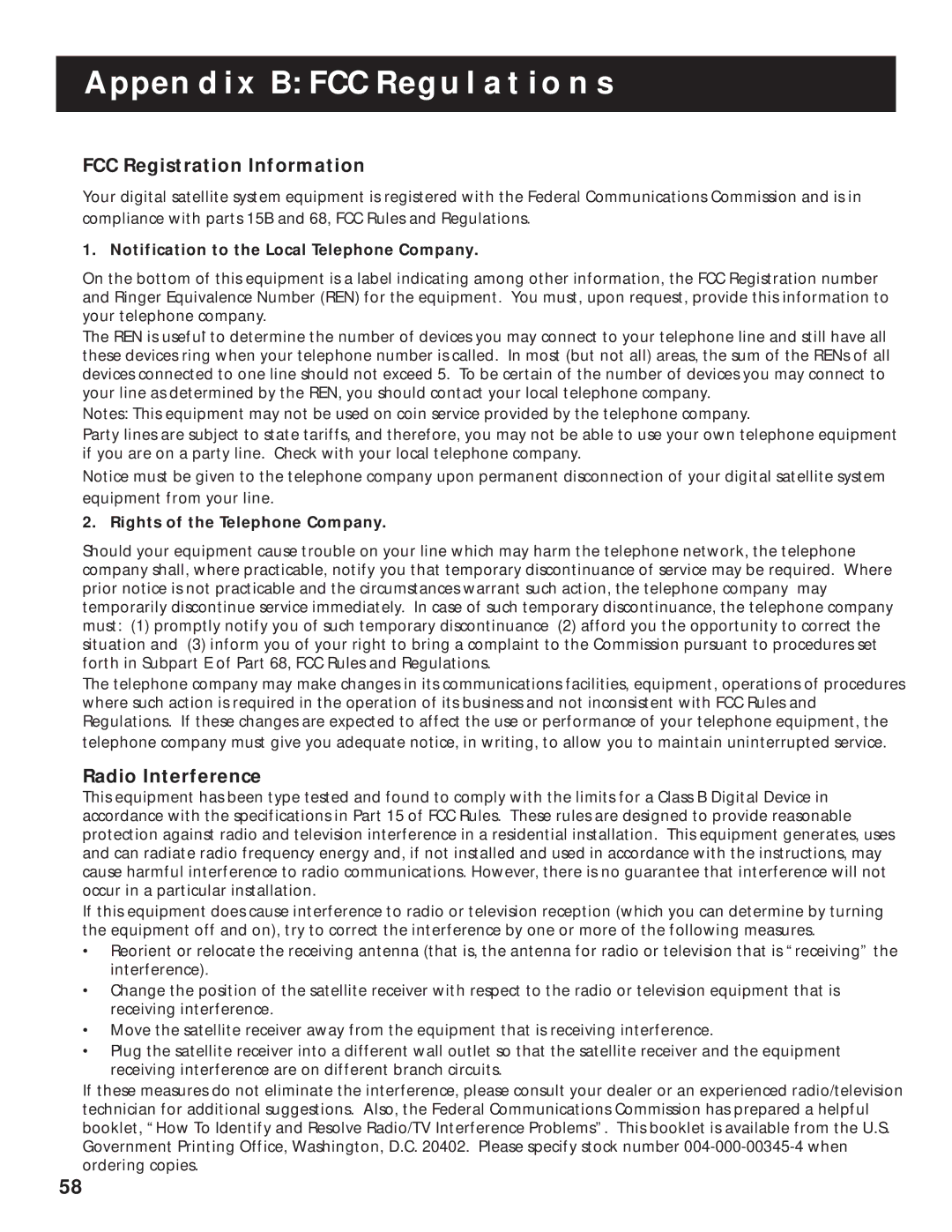 RCA 1998 manual Appendix B FCC Regulations, FCC Registration Information, Radio Interference 