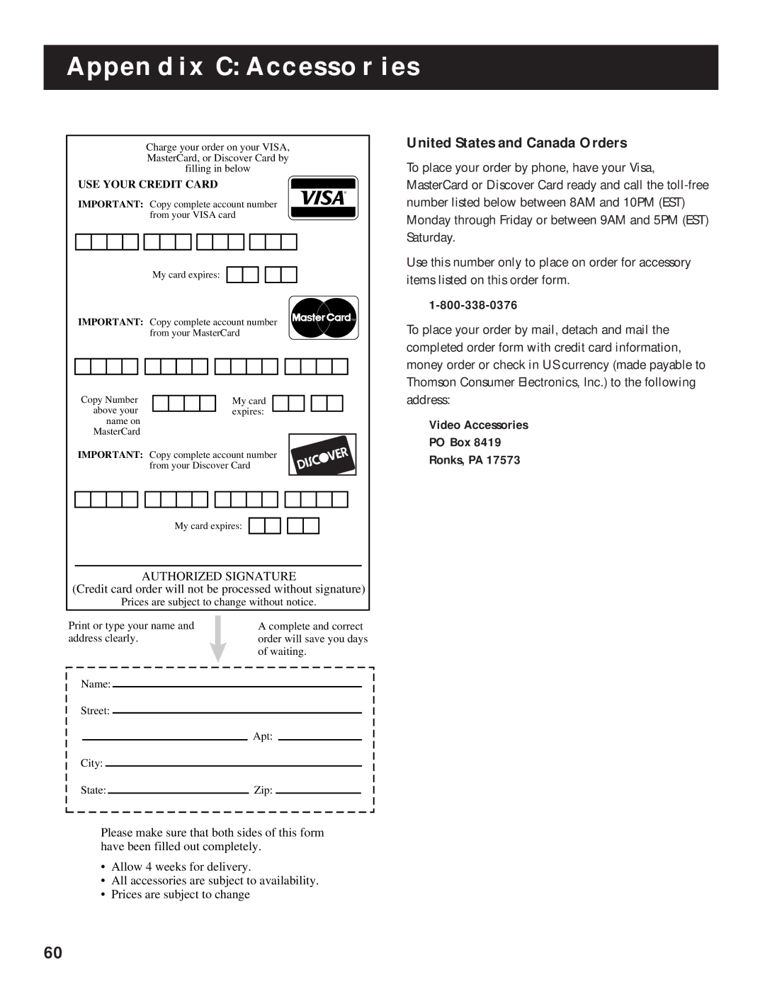 RCA 1998 manual United States and Canada Orders, To place your order by phone, have your Visa 