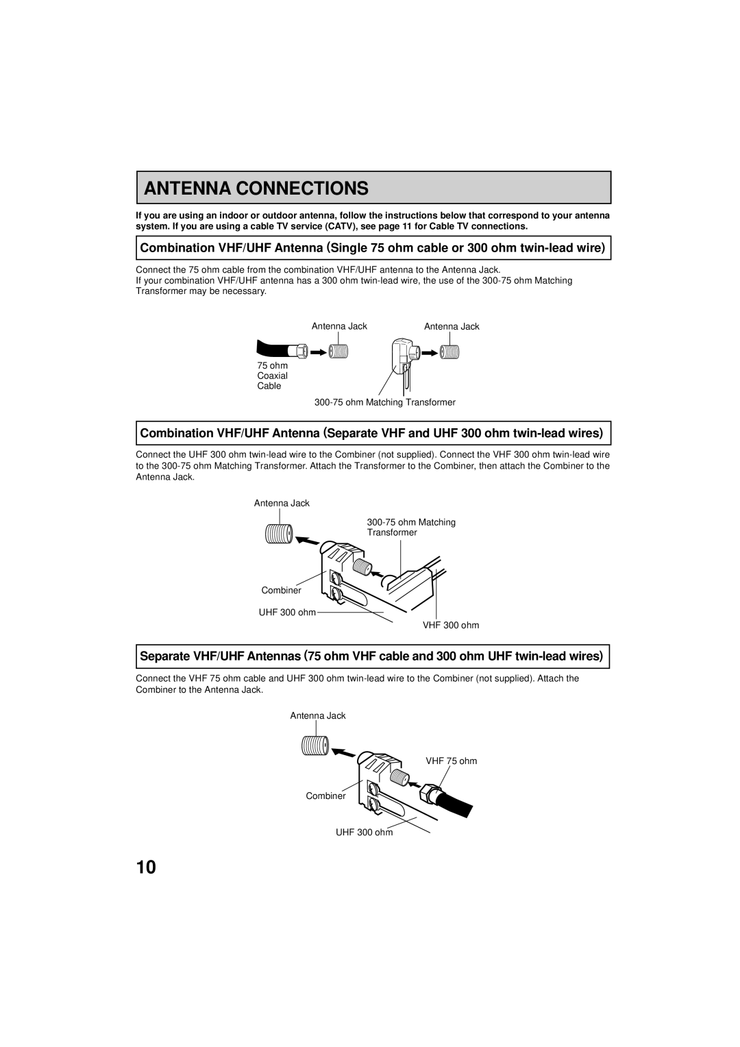 RCA 19V400TV manual Antenna Connections, Ohm Coaxial Cable Ohm Matching Transformer, Combiner UHF 300 ohm VHF 300 ohm 