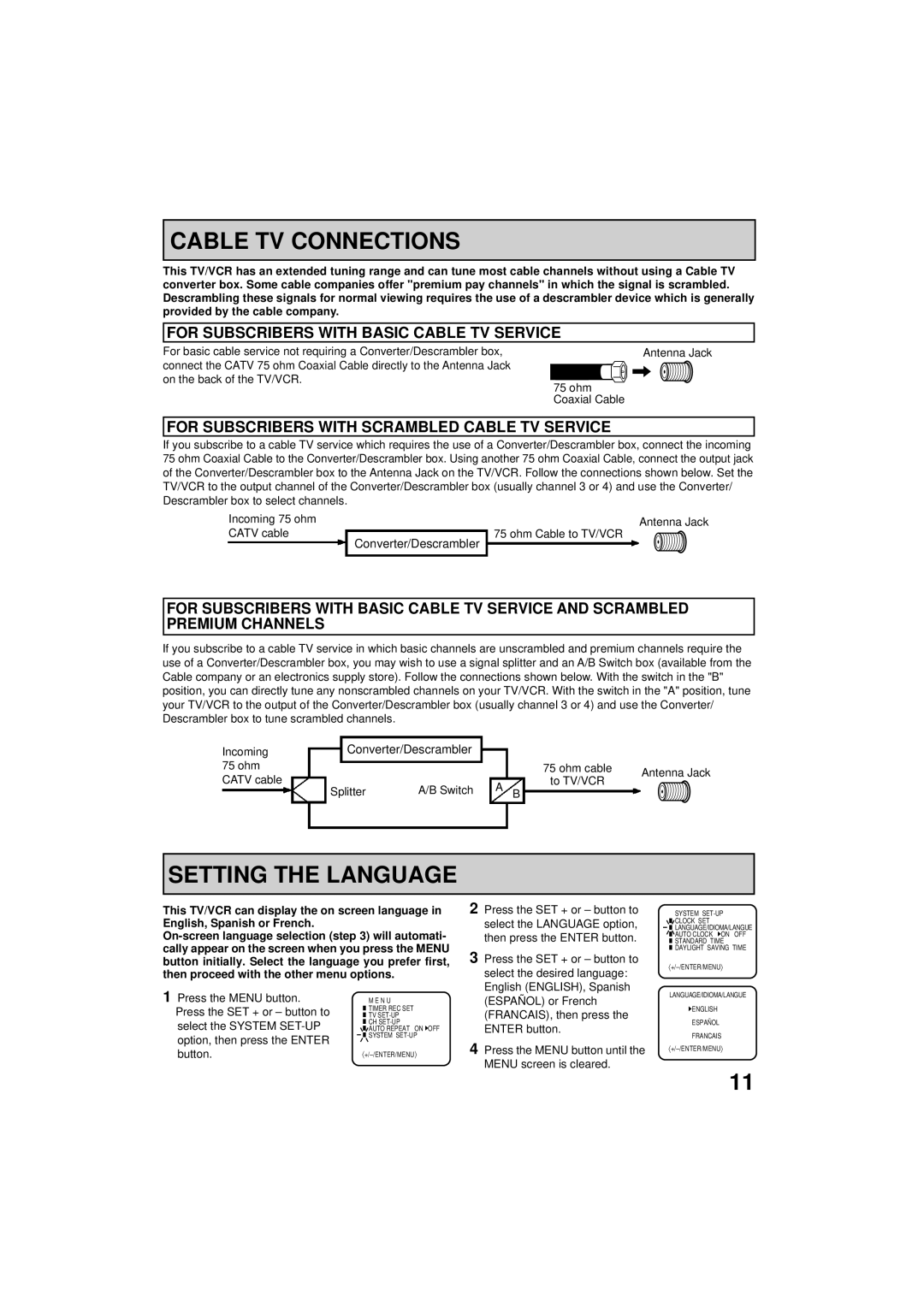 RCA 19V400TV manual Cable TV Connections, Setting the Language, For Subscribers with Basic Cable TV Service 