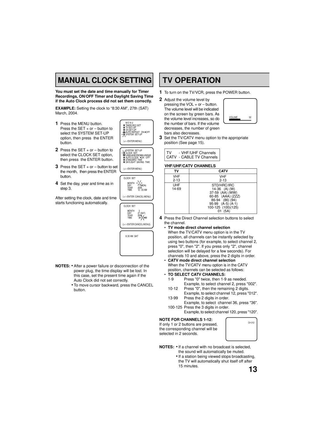 RCA 19V400TV manual Manual Clock Setting, TV Operation, VHF/UHF/CATV Channels, To Select Catv Channels 