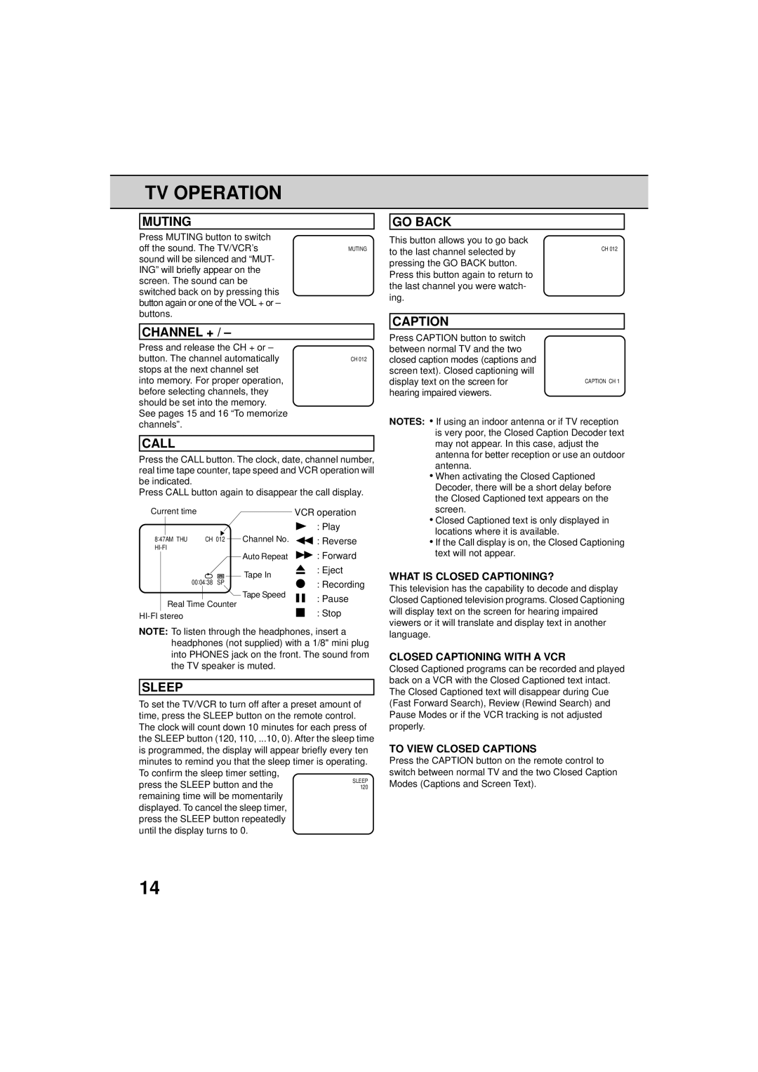 RCA 19V400TV manual Muting, Channel +, Call, Sleep, GO Back, Caption 