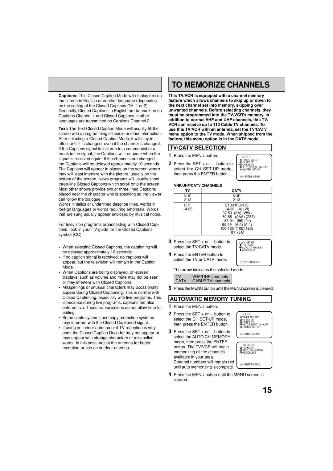 RCA 19V400TV manual To Memorize Channels, TV/CATV Selection, Automatic Memory Tuning 