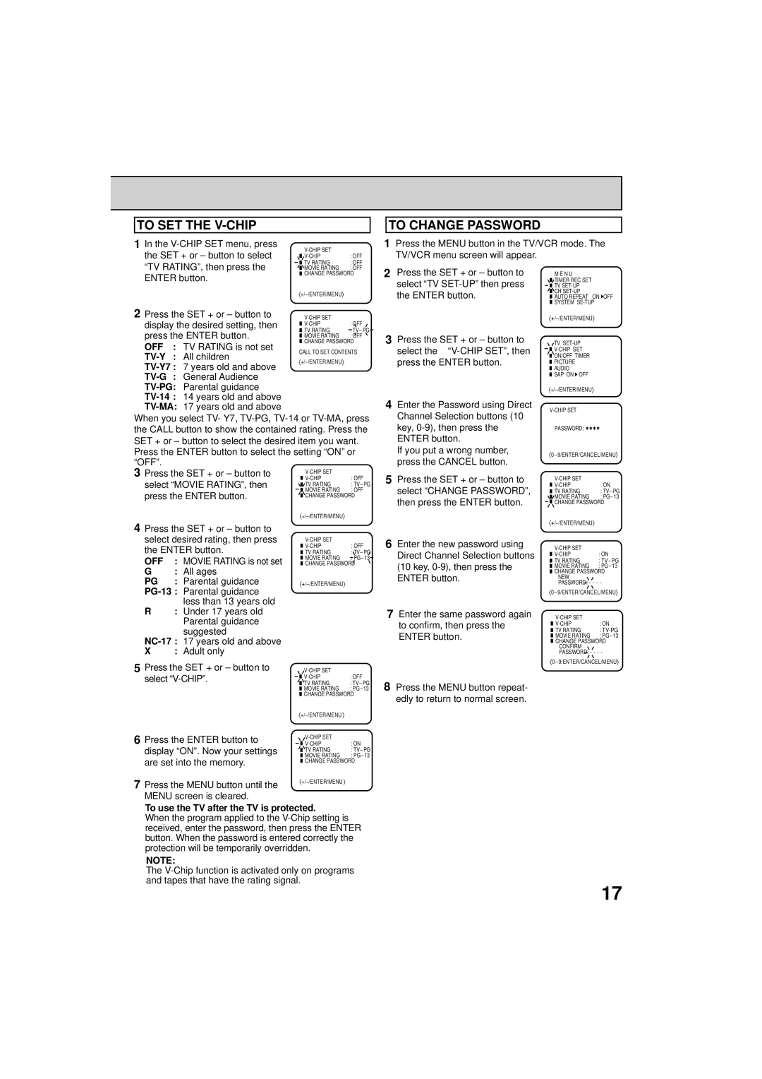 RCA 19V400TV manual To SET the V-CHIP, To Change Password, To use the TV after the TV is protected 