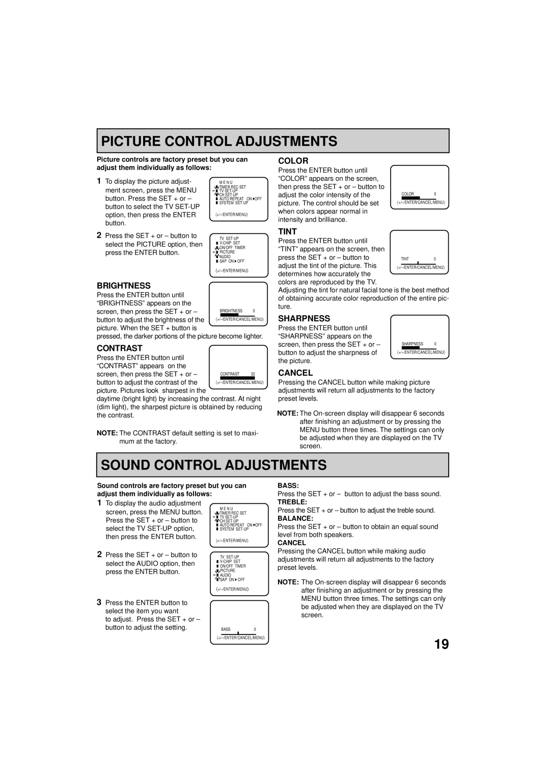 RCA 19V400TV manual Picture Control Adjustments, Sound Control Adjustments 