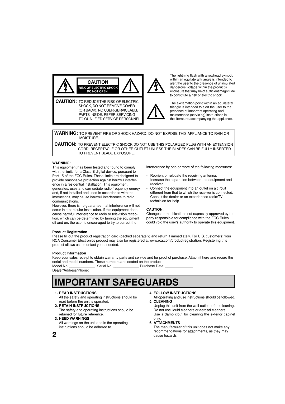 RCA 19V400TV manual Read Instructions, Retain Instructions, Heed Warnings, Follow Instructions, Cleaning, Attachments 