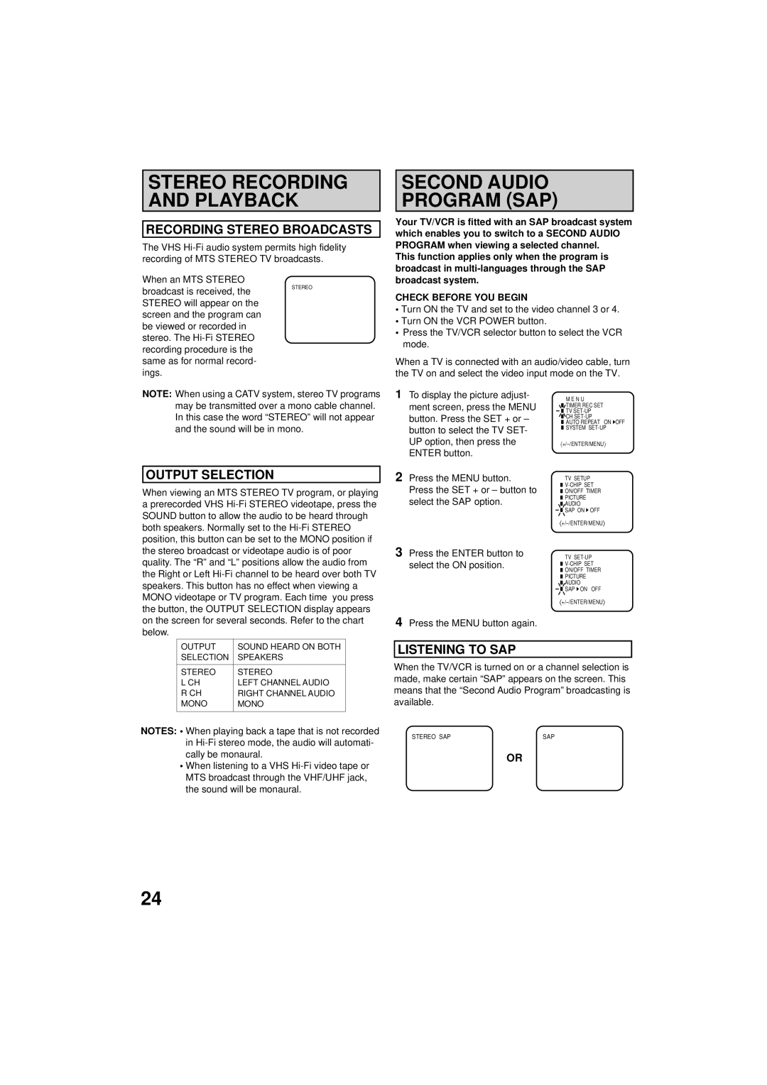 RCA 19V400TV manual Stereo Recording and Playback, Second Audio Program SAP, Recording Stereo Broadcasts, Output Selection 