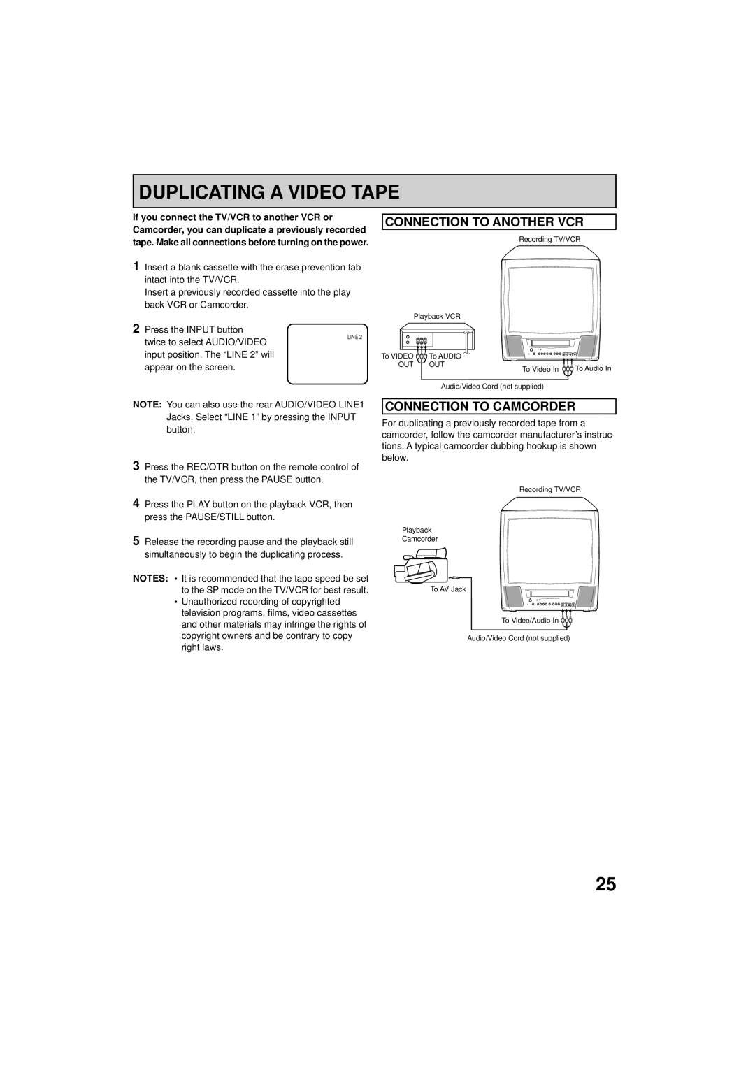 RCA 19V400TV manual Duplicating a Video Tape, Connection to Another VCR, Connection to Camcorder 