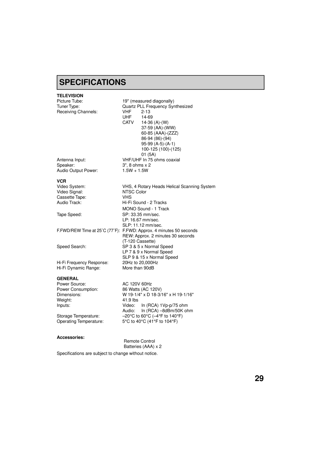 RCA 19V400TV manual Specifications, Television 