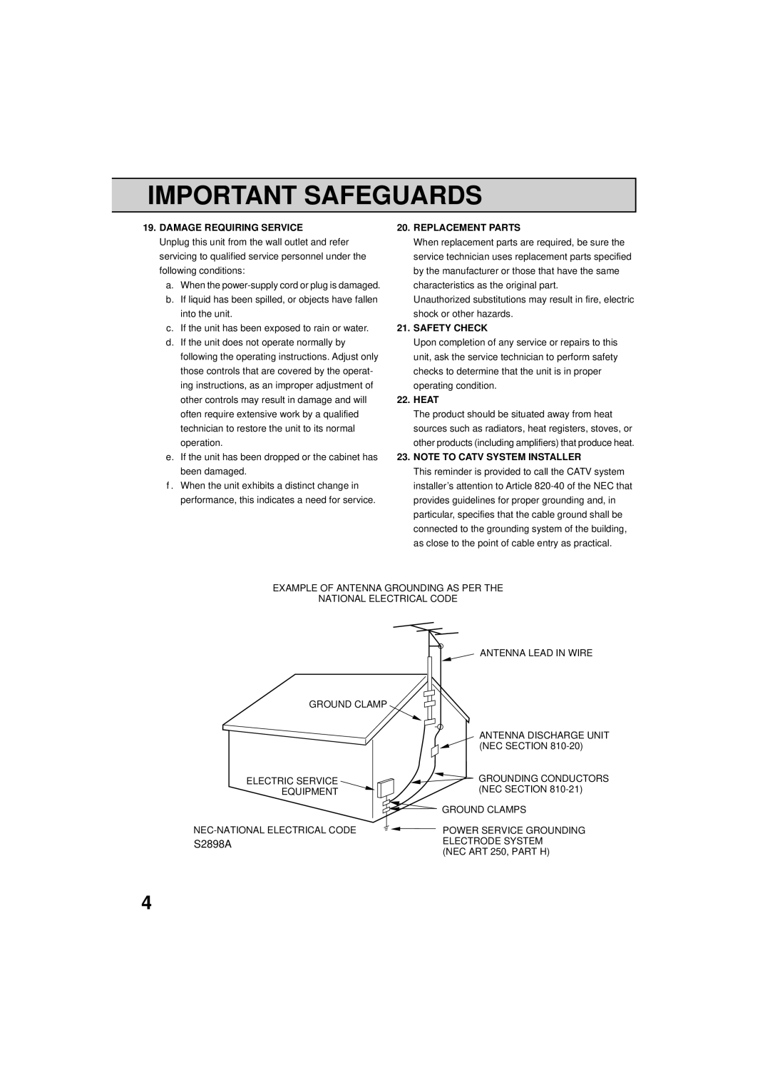 RCA 19V400TV manual Damage Requiring Service, Replacement Parts, Safety Check, Heat, NEC Section 