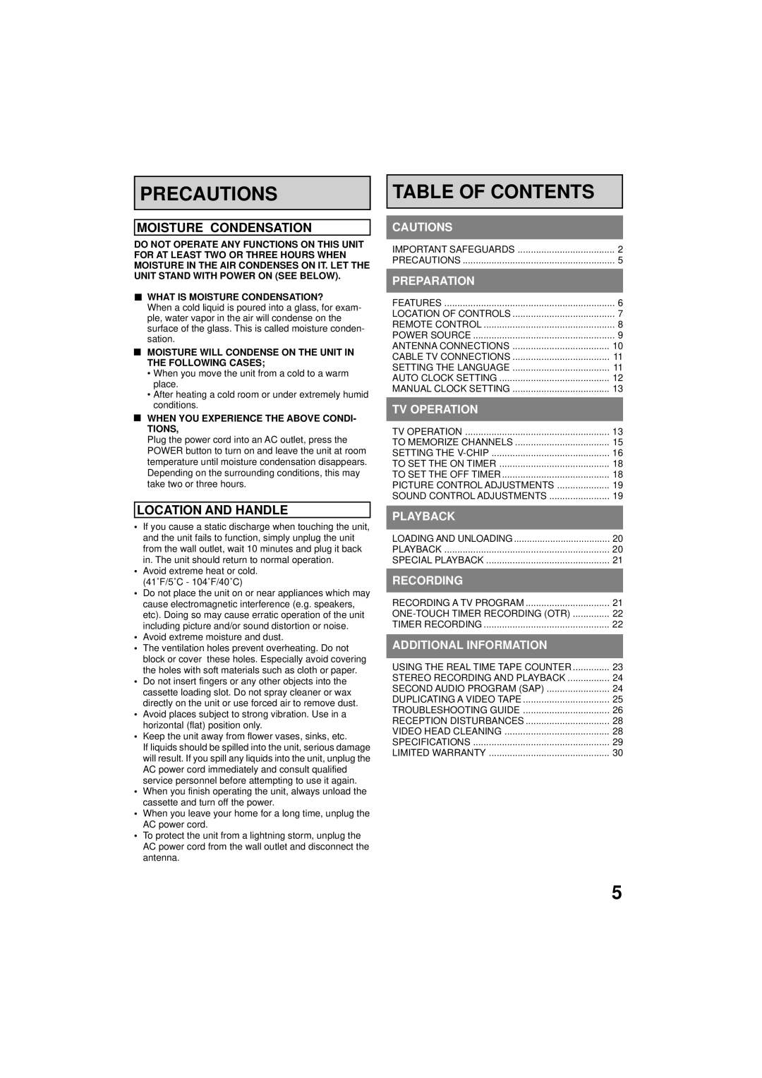 RCA 19V400TV manual Precautions, Table of Contents 