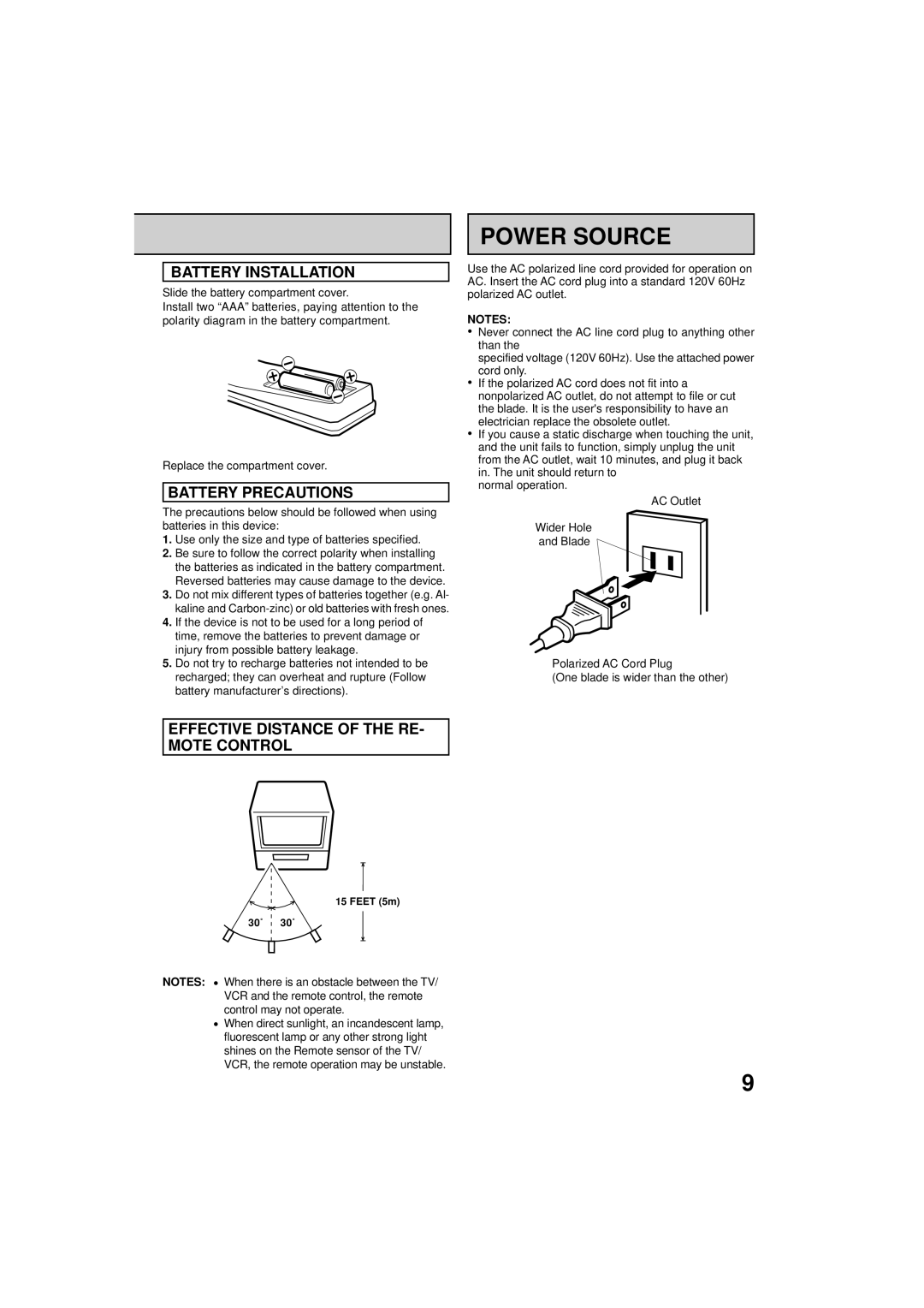 RCA 19V400TV manual Power Source, Battery Installation, Battery Precautions, Effective Distance of the RE Mote Control 