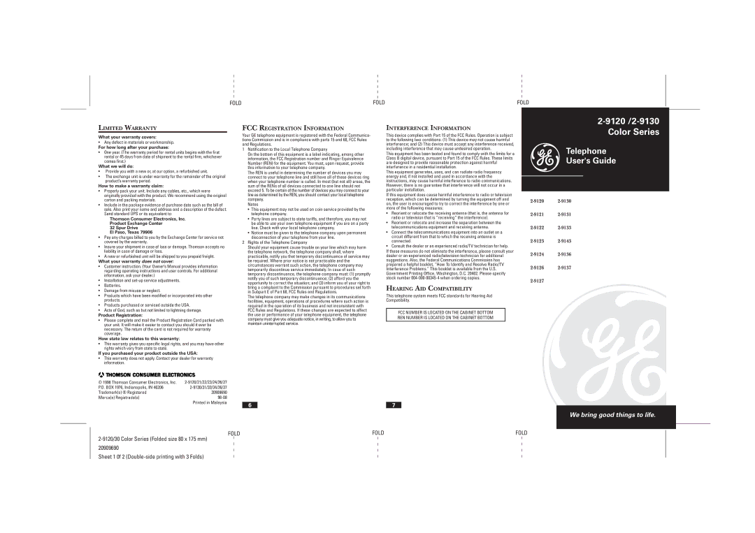 RCA 2-9120/2-9130 warranty Limited Warranty, FCC Registration Information, Interference Information 