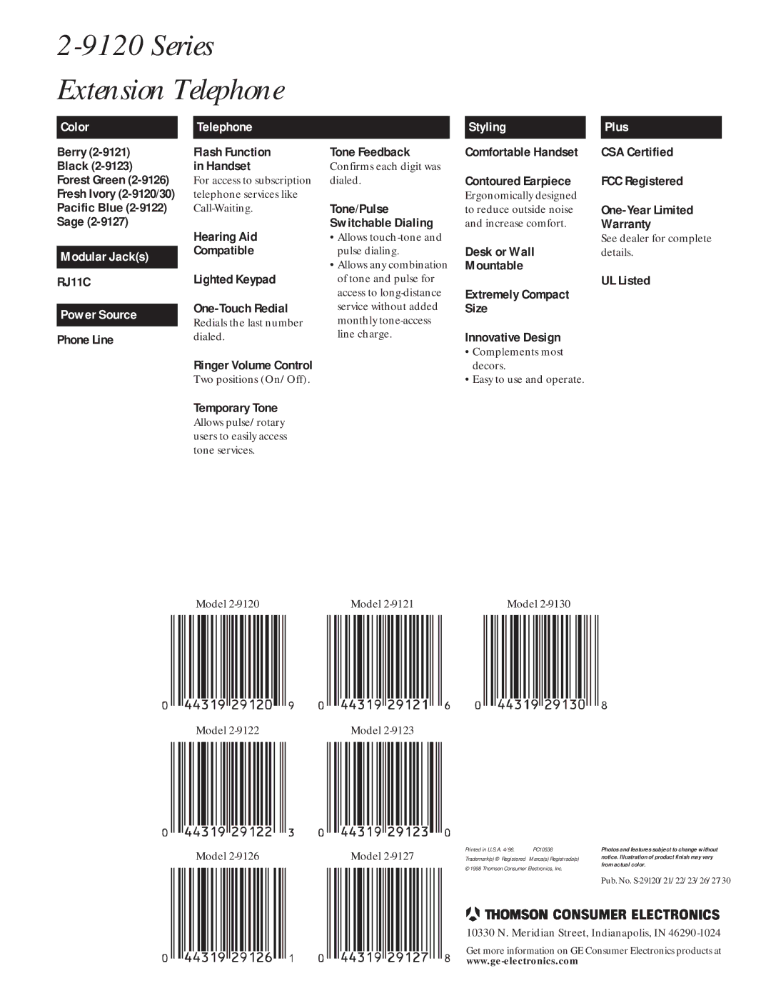 RCA 2-9123, 2-9120/30, 2-9127, 2-9126, 2-9121 Color, Styling Plus, CSA Certified, FCC Registered, Modular Jacks, Power Source 