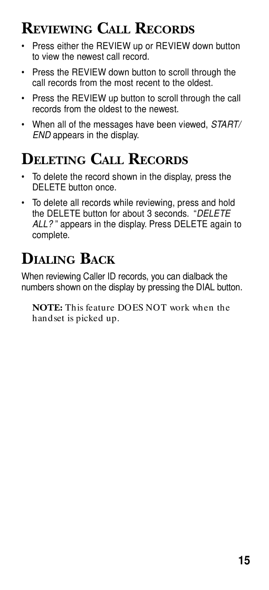 RCA 2-9191 manual Reviewing Call Records, Deleting Call Records, Dialing Back 