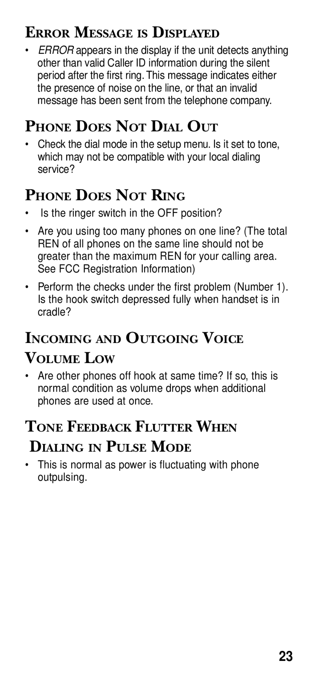 RCA 2-9191 manual Error Message is Displayed, Phone does not Dial OUT, Phone does not Ring 