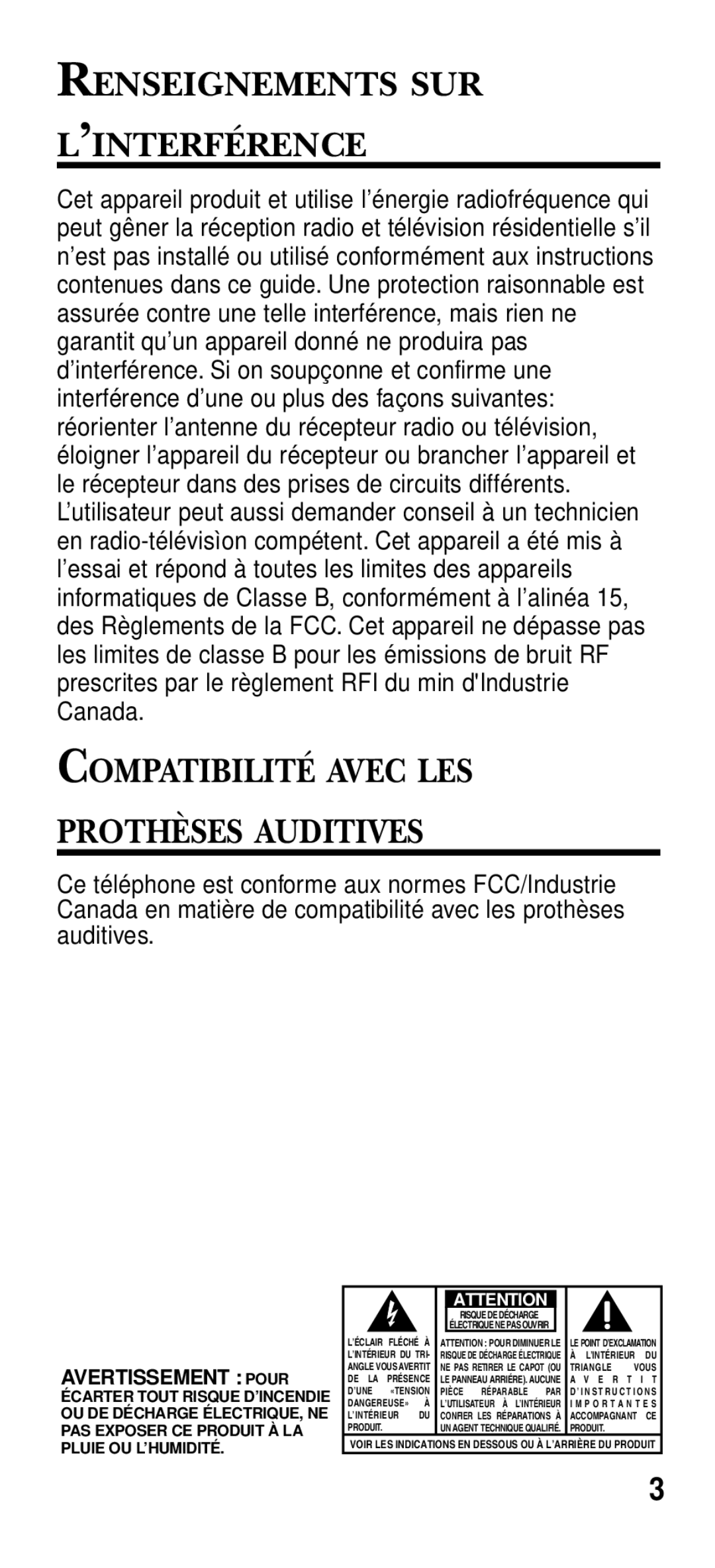 RCA 2-9191 manual Renseignements SUR ’INTERFÉRENCE, Compatibilité Avec LES Prothèses Auditives 