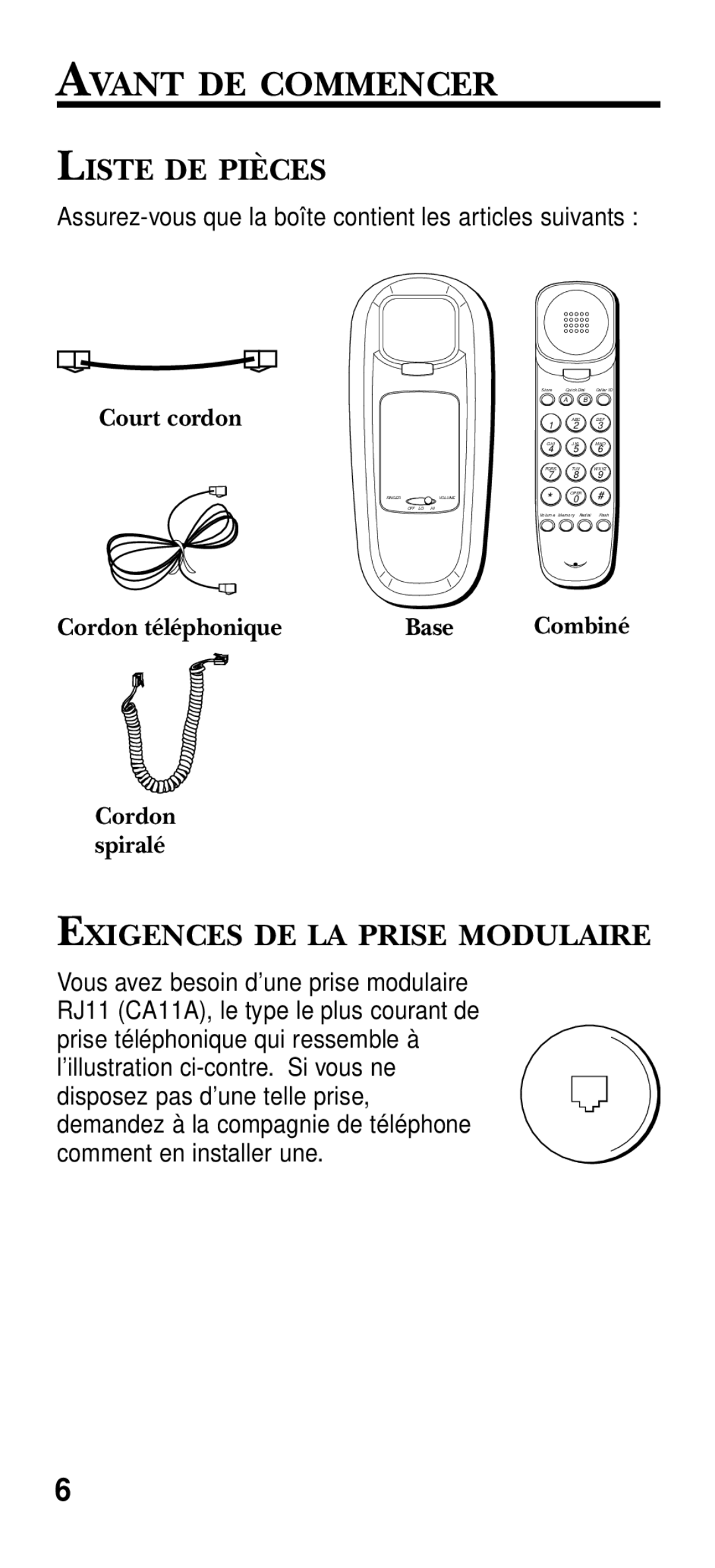 RCA 2-9191 manual Avant DE Commencer, Liste DE Pièces, Exigences DE LA Prise Modulaire 